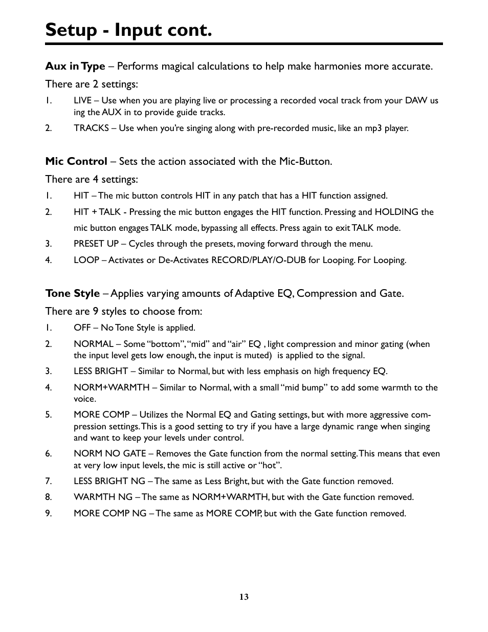 Setup - input cont | TC-Helicon VoiceLive Play Details Manual User Manual | Page 13 / 32