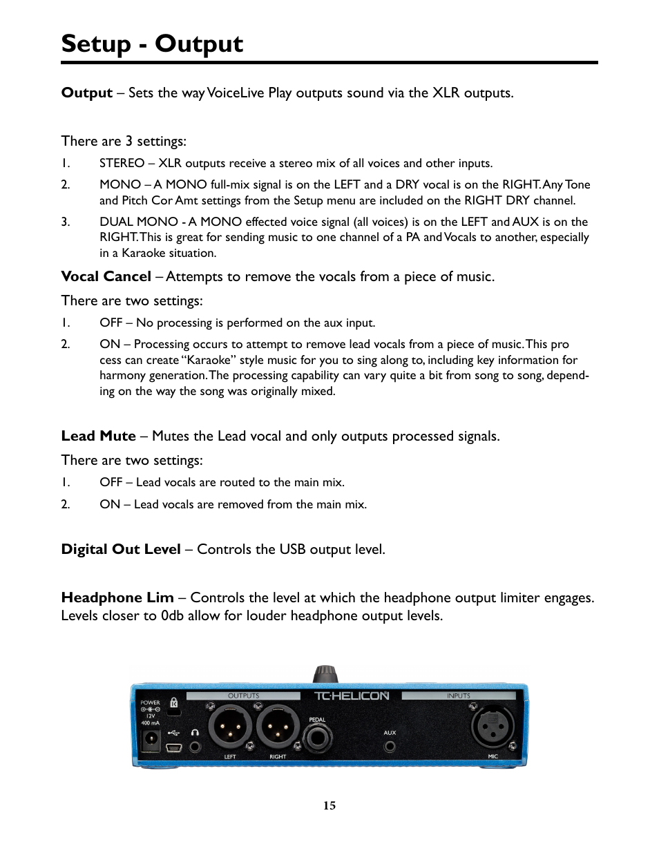 Setup - output | TC-Helicon VoiceLive Play Details Manual User Manual | Page 15 / 32