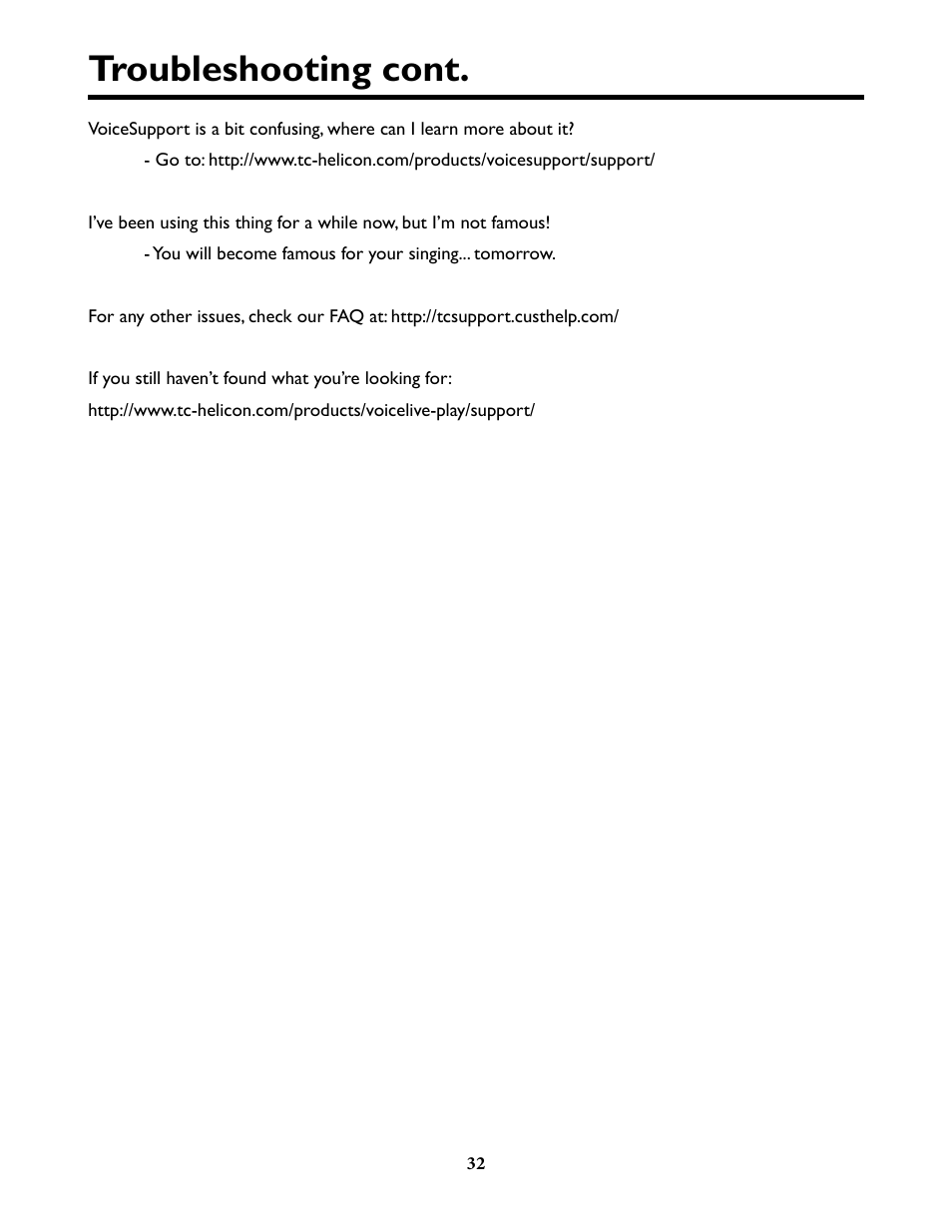 Troubleshooting cont | TC-Helicon VoiceLive Play Details Manual User Manual | Page 32 / 32