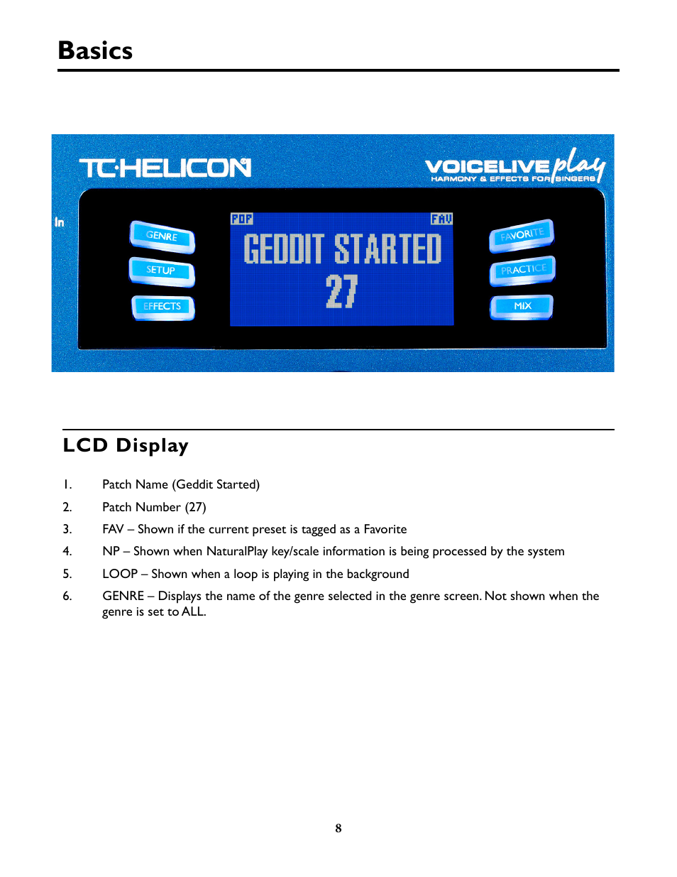 Basics, Lcd display | TC-Helicon VoiceLive Play Details Manual User Manual | Page 8 / 32