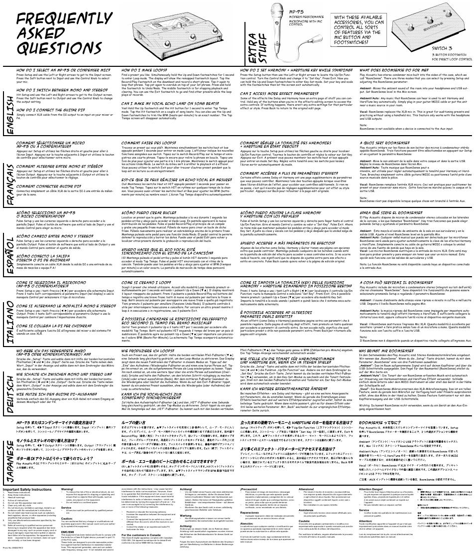 Frequently asked questions, Extra stuf f, English | Français it aliano esp añol jap anese, Deutsch | TC-Helicon Play Acoustic - Quick Start Guide User Manual | Page 2 / 2