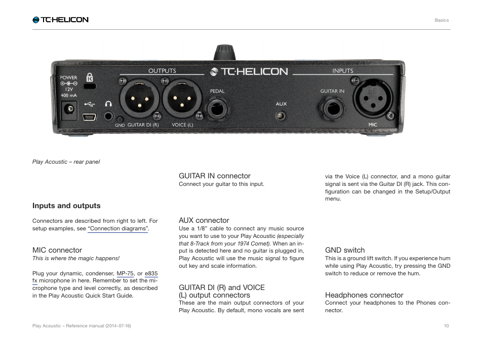 Inputs and outputs | TC-Helicon Play Acoustic - Reference Manual User Manual | Page 12 / 75