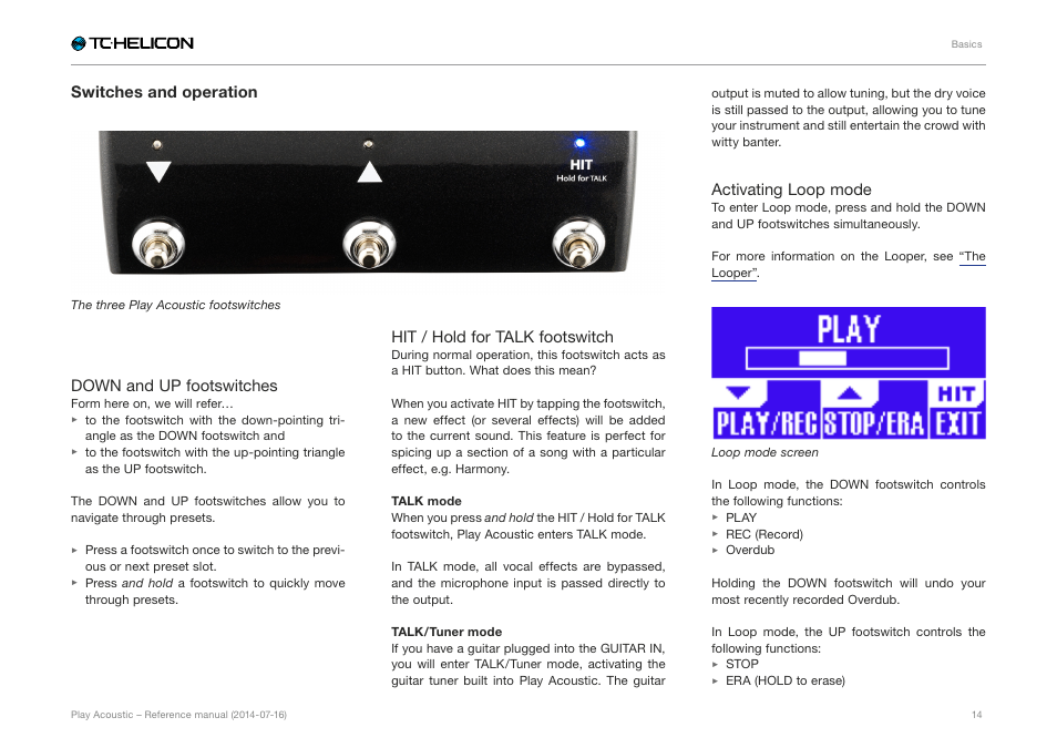 Switches and operation, Down and up footswitches, Hit / hold for talk footswitch | Activating loop mode | TC-Helicon Play Acoustic - Reference Manual User Manual | Page 16 / 75
