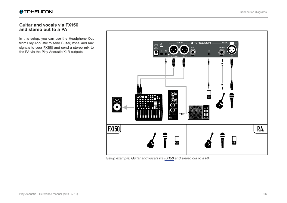 Guitar and vocals via fx150 and stereo out to a pa, Fx150 | TC-Helicon Play Acoustic - Reference Manual User Manual | Page 28 / 75