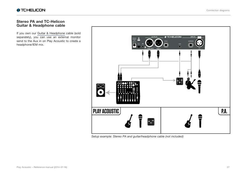 Stereo pa and tc-helicon guitar & headphone cable, Play acoustic | TC-Helicon Play Acoustic - Reference Manual User Manual | Page 29 / 75