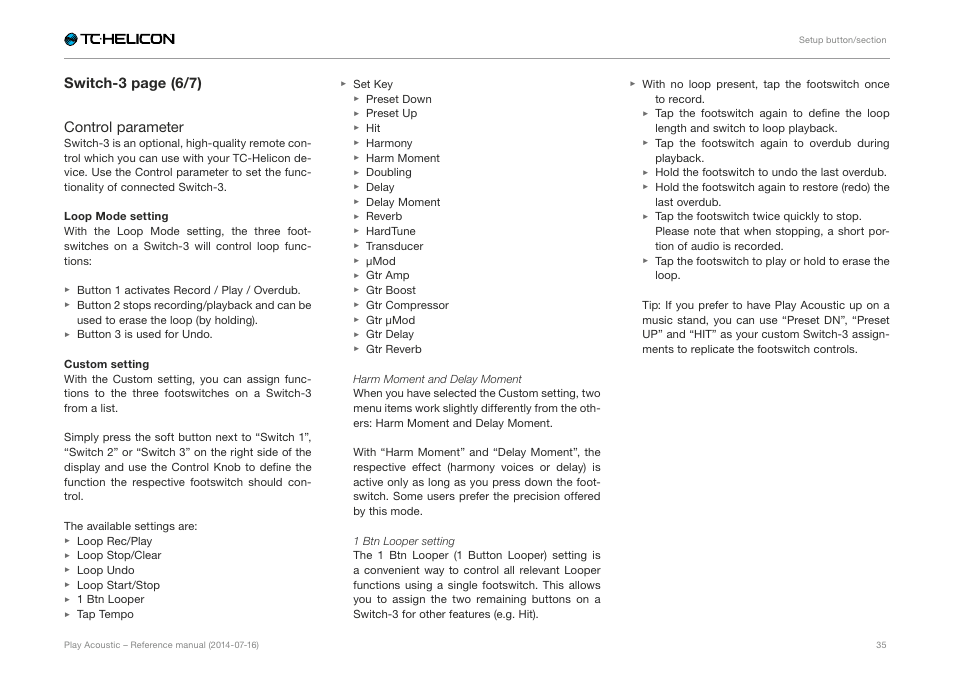 Switch-3 page (6/7) control parameter | TC-Helicon Play Acoustic - Reference Manual User Manual | Page 37 / 75