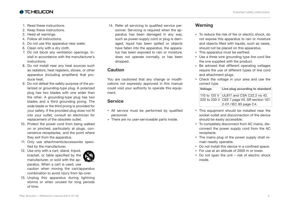 Caution, Service, Warning | TC-Helicon Play Acoustic - Reference Manual User Manual | Page 4 / 75