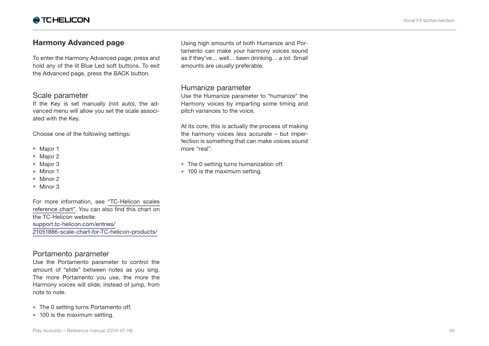 Harmony advanced page, Scale parameter, Portamento parameter | Humanize parameter | TC-Helicon Play Acoustic - Reference Manual User Manual | Page 42 / 75