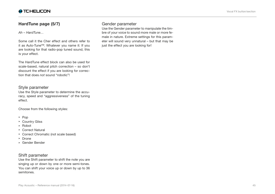 Hardtune page (5/7), Style parameter, Shift parameter | Gender parameter | TC-Helicon Play Acoustic - Reference Manual User Manual | Page 47 / 75