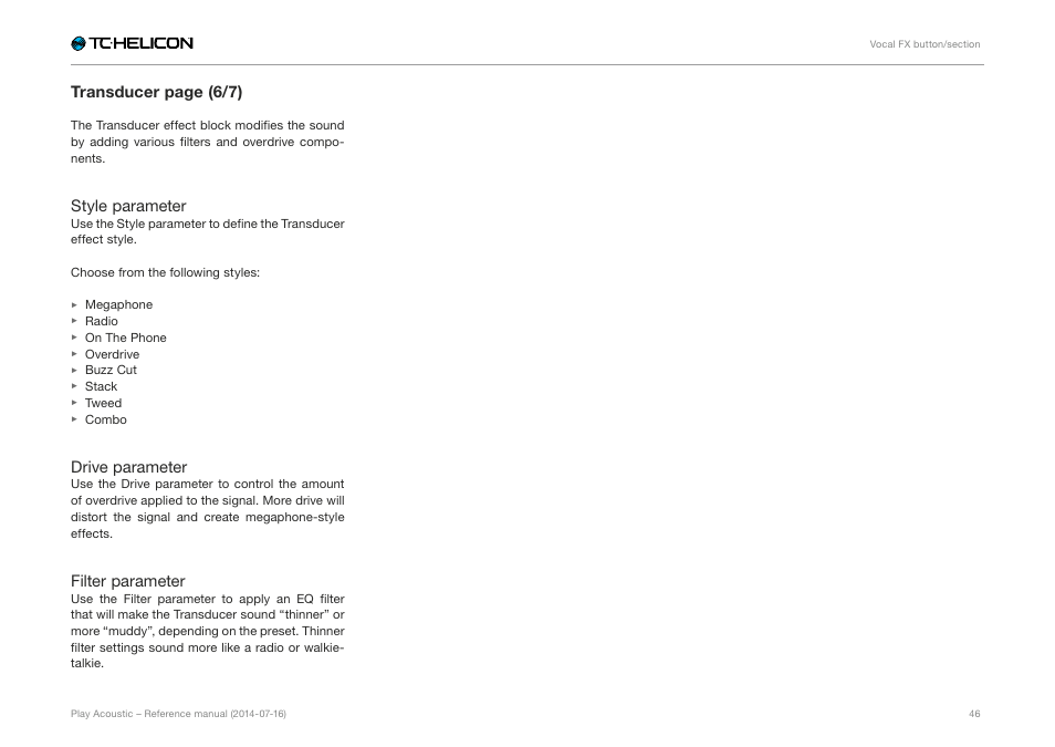 Transducer page (6/7), Style parameter, Drive parameter | Filter parameter | TC-Helicon Play Acoustic - Reference Manual User Manual | Page 48 / 75