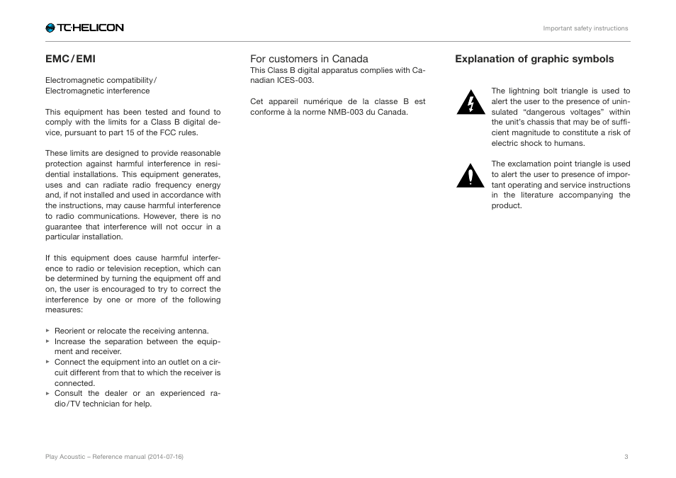 Emc / emi, For customers in canada, Explanation of graphic symbols | TC-Helicon Play Acoustic - Reference Manual User Manual | Page 5 / 75