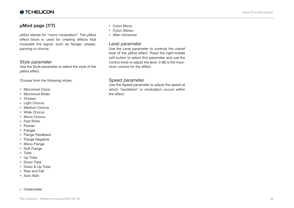 Μmod page (7/7), Style parameter, Level parameter | Speed parameter | TC-Helicon Play Acoustic - Reference Manual User Manual | Page 50 / 75