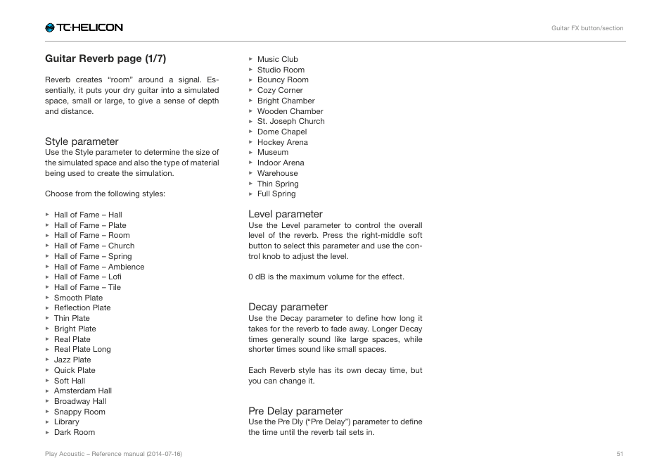 Guitar reverb page (1/7), Style parameter, Level parameter | Decay parameter, Pre delay parameter | TC-Helicon Play Acoustic - Reference Manual User Manual | Page 53 / 75