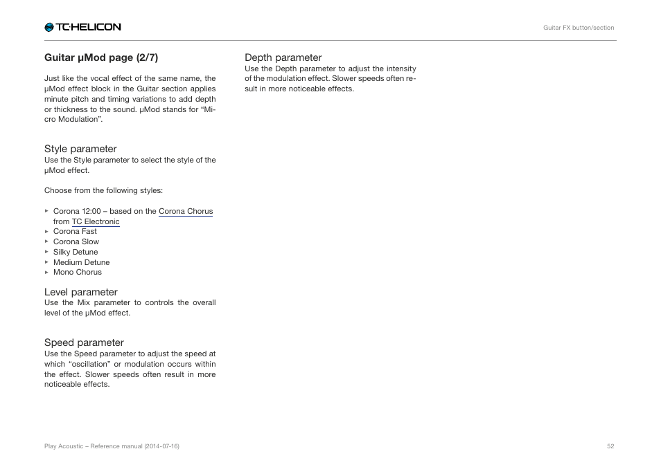 Guitar µmod page (2/7), Style parameter, Level parameter | Speed parameter, Depth parameter | TC-Helicon Play Acoustic - Reference Manual User Manual | Page 54 / 75
