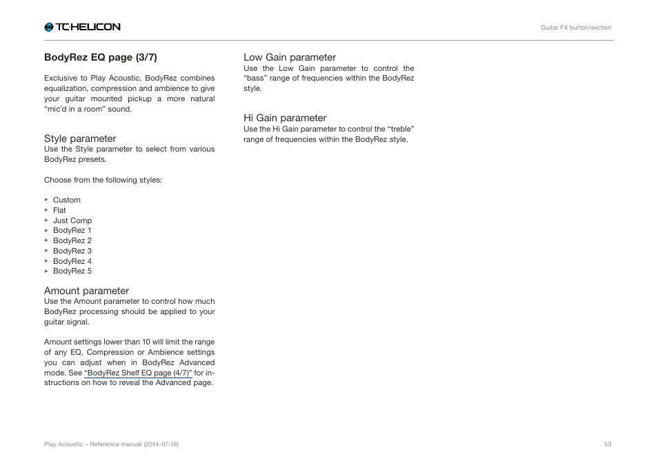 Bodyrez eq page (3/7), Style parameter, Amount parameter | Low gain parameter, Hi gain parameter | TC-Helicon Play Acoustic - Reference Manual User Manual | Page 55 / 75