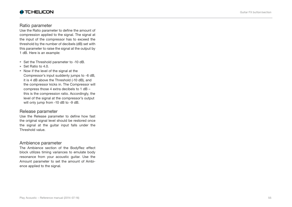 Ratio parameter, Release parameter, Ambience parameter | TC-Helicon Play Acoustic - Reference Manual User Manual | Page 57 / 75