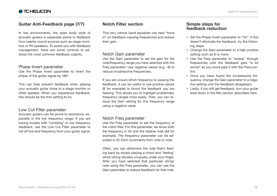 Notch filter section, Simple steps for feedback reduction, Guitar anti-feedback page (7/7) | Phase invert parameter, Low cut filter parameter, Notch gain parameter, Notch freq parameter | TC-Helicon Play Acoustic - Reference Manual User Manual | Page 58 / 75