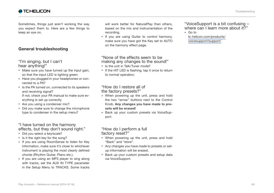 General troubleshooting, How do i restore all of the factory presets, How do i perform a full factory reset | TC-Helicon Play Acoustic - Reference Manual User Manual | Page 67 / 75