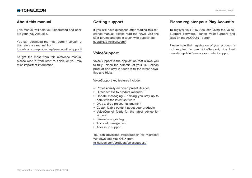 About this manual, Getting support, Voicesupport | Please register your play acoustic | TC-Helicon Play Acoustic - Reference Manual User Manual | Page 7 / 75