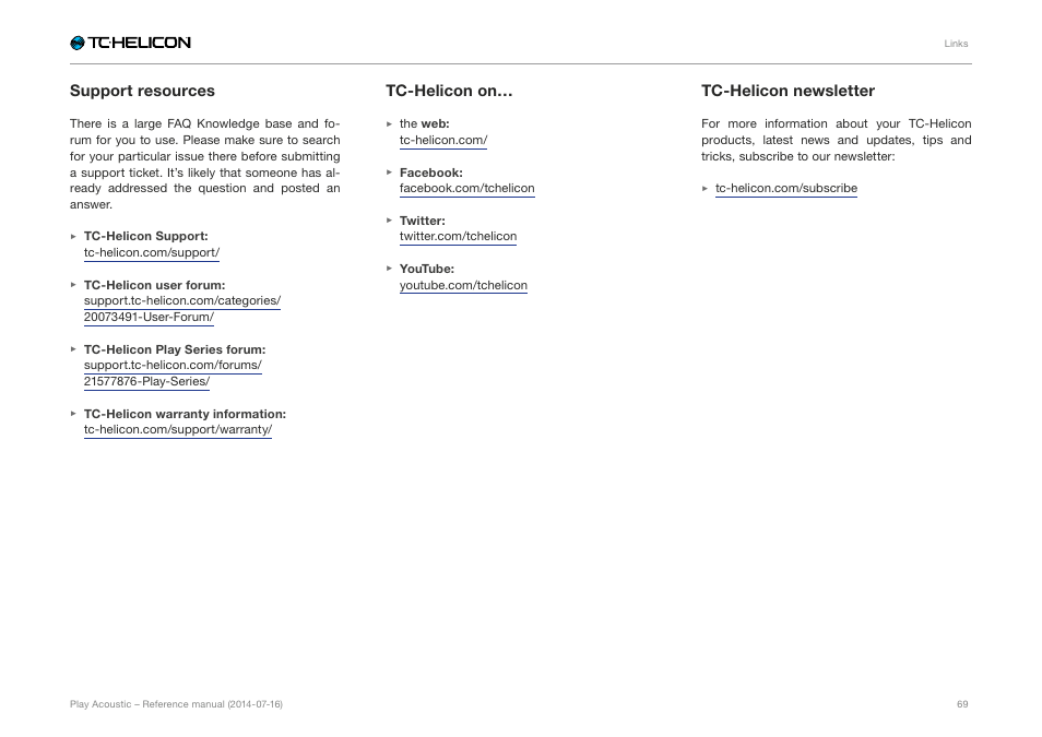 Support resources, Tc-helicon on, Tc-helicon newsletter | TC-Helicon Play Acoustic - Reference Manual User Manual | Page 71 / 75