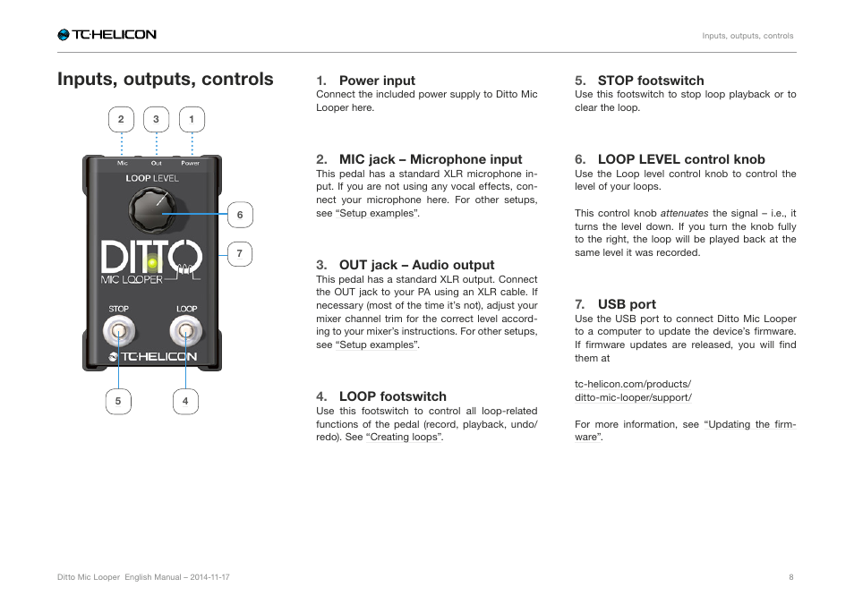 Inputs, outputs, controls, Power input, Mic jack – microphone input | Out jack – audio output, Loop footswitch, Stop footswitch, Loop level control knob, Usb port | TC-Helicon Ditto Mic Looper - Reference Manual User Manual | Page 10 / 15