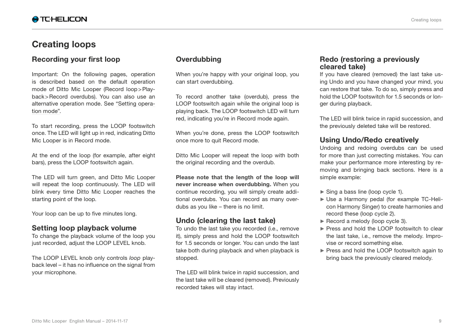 Creating loops | TC-Helicon Ditto Mic Looper - Reference Manual User Manual | Page 11 / 15