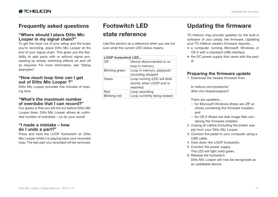 Frequently asked questions, Footswitch led state reference, Updating the firmware | Updating the firm- ware | TC-Helicon Ditto Mic Looper - Reference Manual User Manual | Page 13 / 15
