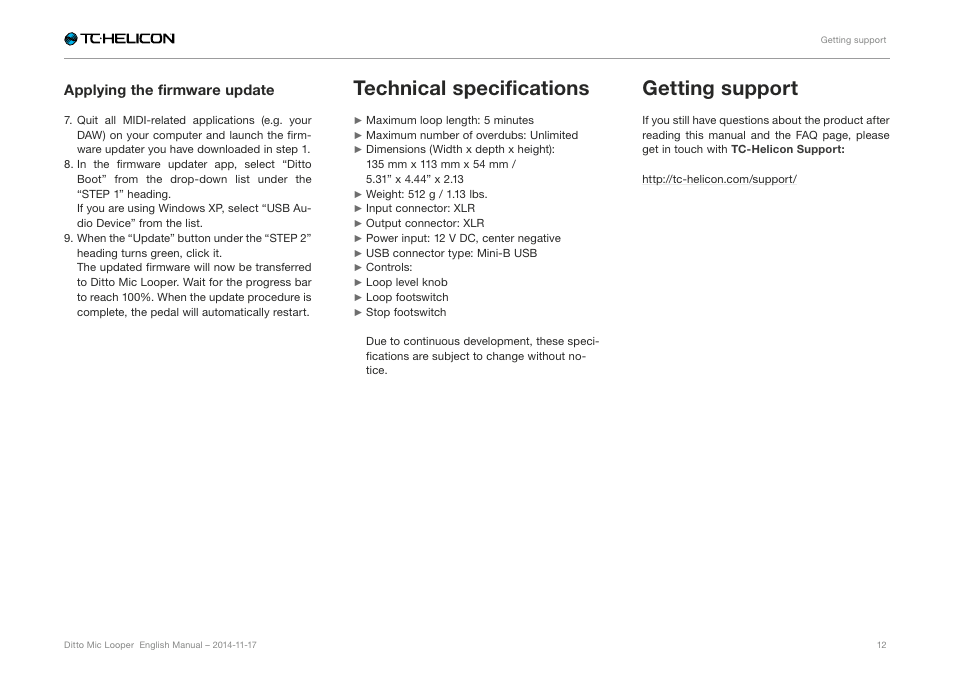 Technical specifications, Getting support | TC-Helicon Ditto Mic Looper - Reference Manual User Manual | Page 14 / 15