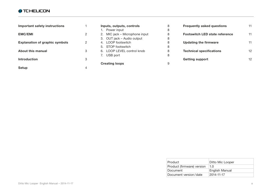 TC-Helicon Ditto Mic Looper - Reference Manual User Manual | Page 2 / 15