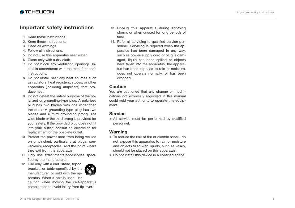 Important safety instructions | TC-Helicon Ditto Mic Looper - Reference Manual User Manual | Page 3 / 15