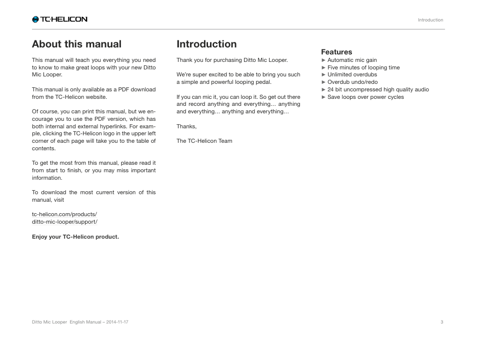About this manual, Introduction | TC-Helicon Ditto Mic Looper - Reference Manual User Manual | Page 5 / 15