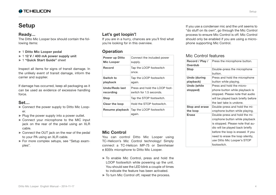 Setup | TC-Helicon Ditto Mic Looper - Reference Manual User Manual | Page 6 / 15