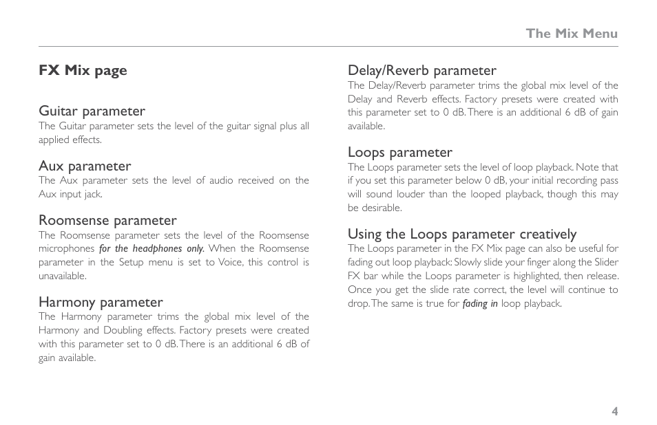 Guitar parameter, Aux parameter, Roomsense parameter | Harmony parameter, Delay/reverb parameter, Loops parameter, Using the loops parameter creatively | TC-Helicon VoiceLive Touch 2 Reference Manual User Manual | Page 10 / 98