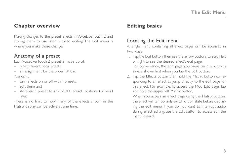 Chapter overview, Anatomy of a preset, Editing basics | Locating the edit menu, Editing basics locating the edit menu | TC-Helicon VoiceLive Touch 2 Reference Manual User Manual | Page 14 / 98