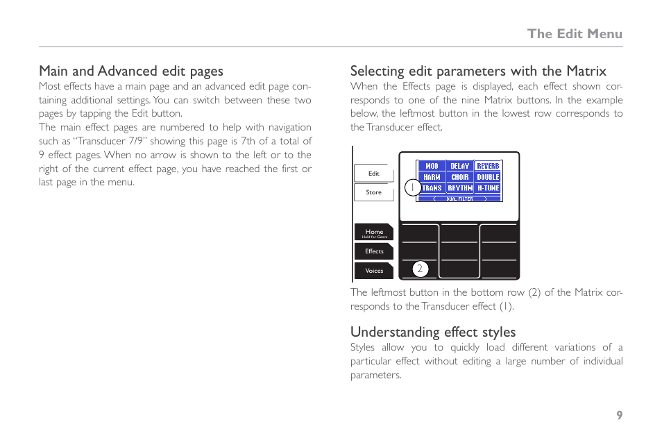 Selecting edit parameters with the matrix, Understanding effect styles, Main and advanced edit pages | The edit menu | TC-Helicon VoiceLive Touch 2 Reference Manual User Manual | Page 15 / 98