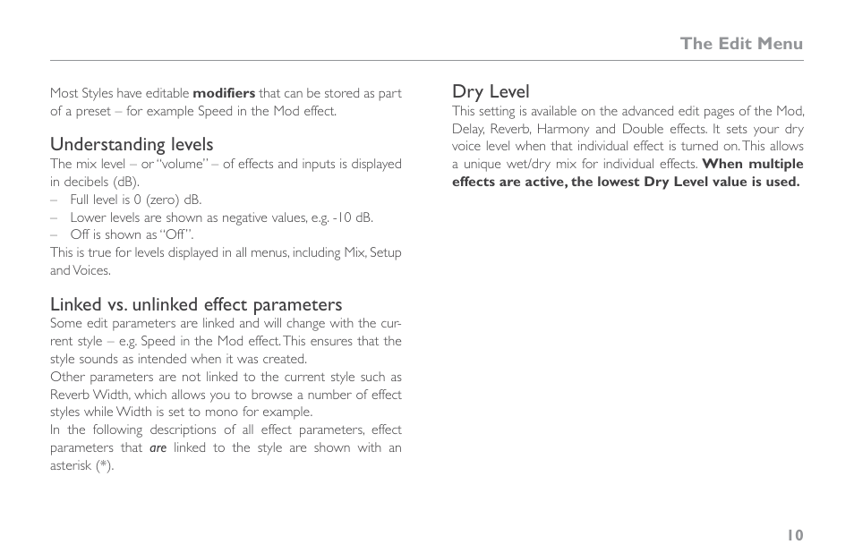 Understanding levels, Linked vs. unlinked effect parameters, Dry level | TC-Helicon VoiceLive Touch 2 Reference Manual User Manual | Page 16 / 98