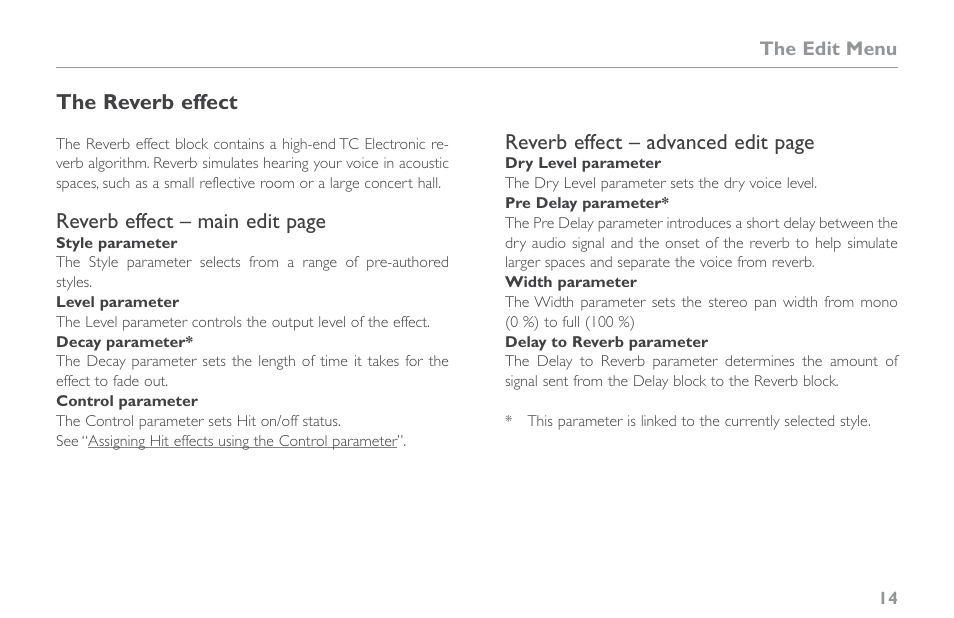 The reverb effect | TC-Helicon VoiceLive Touch 2 Reference Manual User Manual | Page 20 / 98