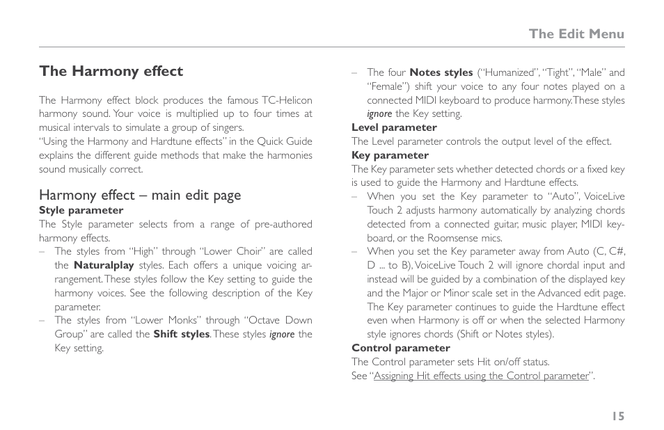 The harmony effect, Harmony effect – main edit page | TC-Helicon VoiceLive Touch 2 Reference Manual User Manual | Page 21 / 98