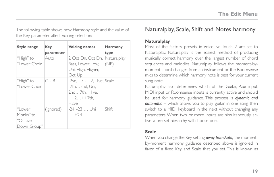Naturalplay, scale, shift and notes harmony, The edit menu | TC-Helicon VoiceLive Touch 2 Reference Manual User Manual | Page 25 / 98