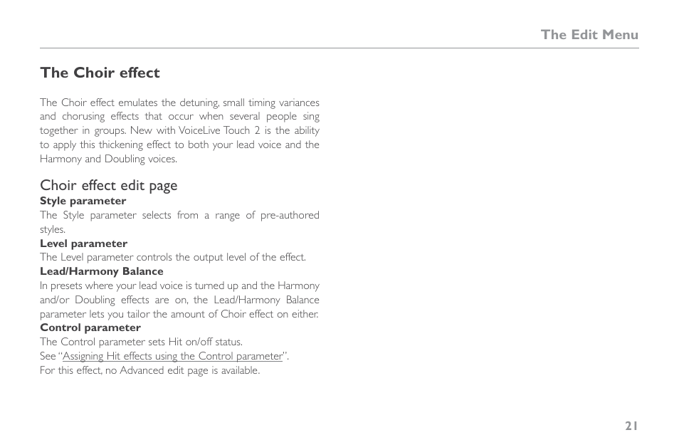 The choir effect | TC-Helicon VoiceLive Touch 2 Reference Manual User Manual | Page 27 / 98