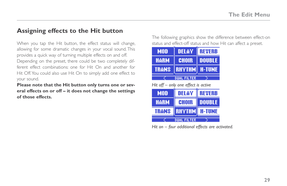 Assigning effects to the hit button | TC-Helicon VoiceLive Touch 2 Reference Manual User Manual | Page 35 / 98