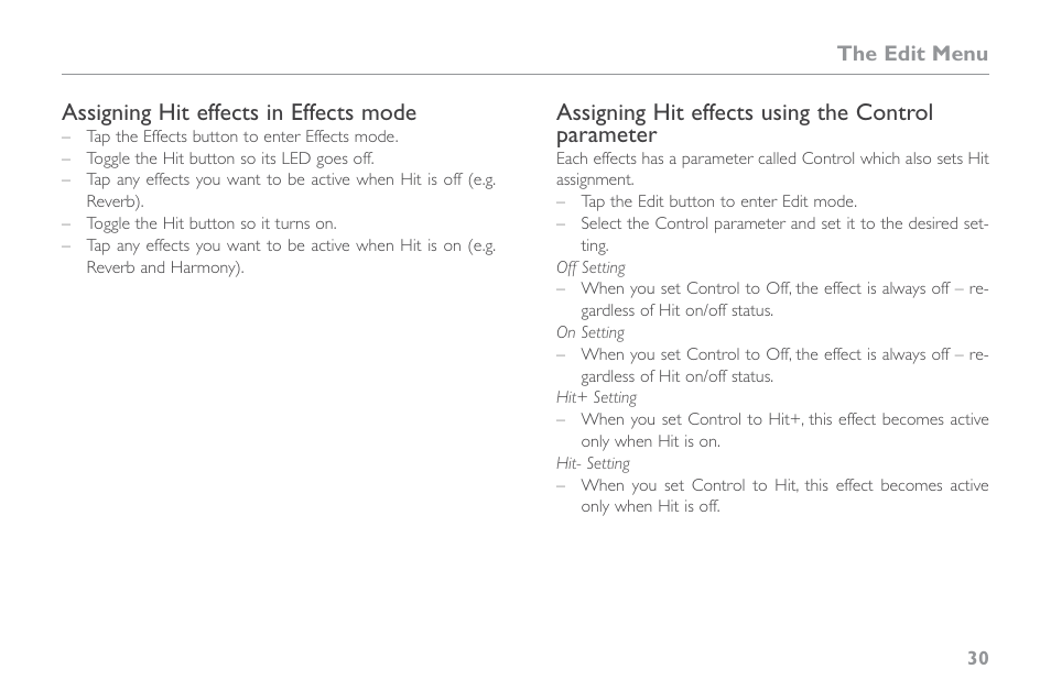 Assigning hit effects in effects mode, Assigning hit effects using the control parameter | TC-Helicon VoiceLive Touch 2 Reference Manual User Manual | Page 36 / 98
