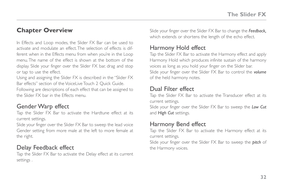 Chapter overview, Gender warp effect, Delay feedback effect | Harmony hold effect, Dual filter effect, Harmony bend effect | TC-Helicon VoiceLive Touch 2 Reference Manual User Manual | Page 38 / 98