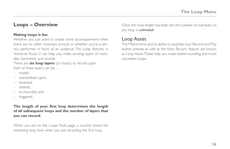 Loops – overview, Loop assist | TC-Helicon VoiceLive Touch 2 Reference Manual User Manual | Page 42 / 98