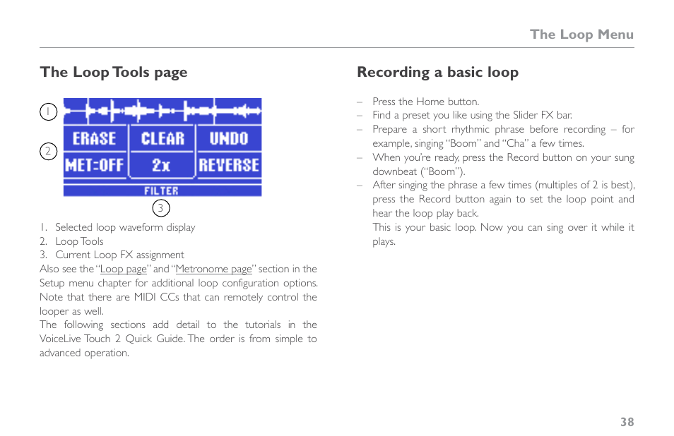 Recording a basic loop, The loop tools page | TC-Helicon VoiceLive Touch 2 Reference Manual User Manual | Page 44 / 98