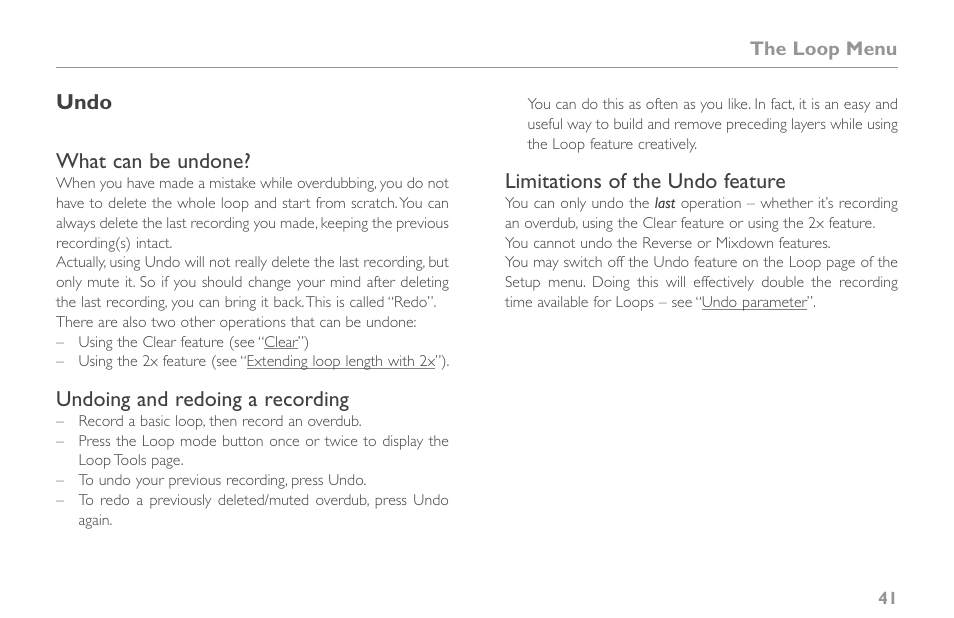 Undo, What can be undone, Undoing and redoing a recording | Limitations of the undo feature | TC-Helicon VoiceLive Touch 2 Reference Manual User Manual | Page 47 / 98