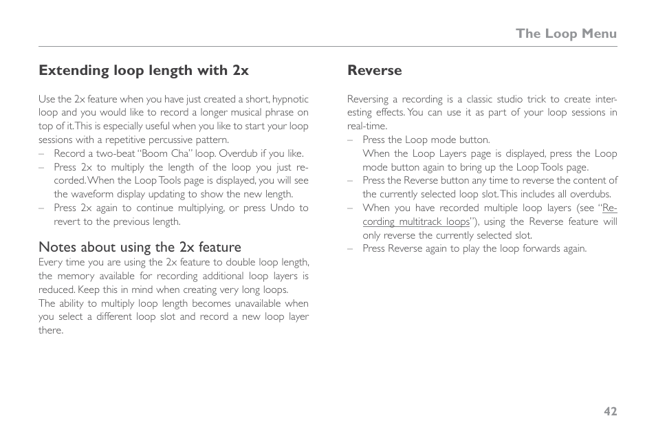Extending loop length with 2x, Notes about using the 2x feature, Reverse | TC-Helicon VoiceLive Touch 2 Reference Manual User Manual | Page 48 / 98