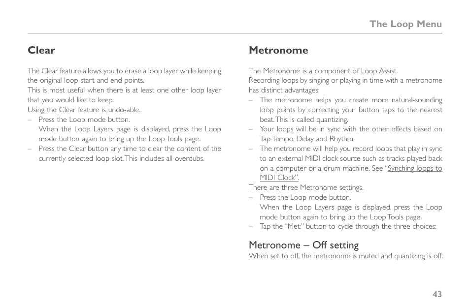 Clear, Metronome, Metronome – off setting | TC-Helicon VoiceLive Touch 2 Reference Manual User Manual | Page 49 / 98
