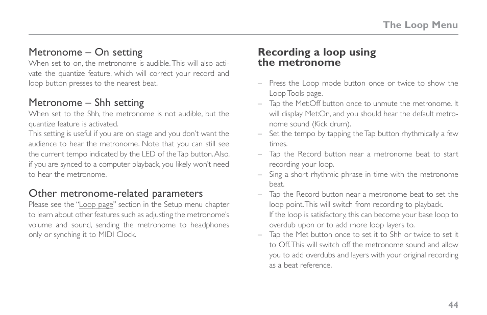 Metronome – on setting, Metronome – shh setting, Other metronome-related parameters | Recording a loop using the metronome | TC-Helicon VoiceLive Touch 2 Reference Manual User Manual | Page 50 / 98