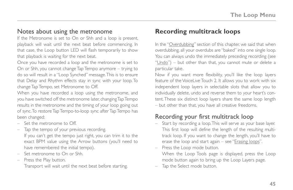 Notes about using the metronome, Recording multitrack loops, Recording your first multitrack loop | TC-Helicon VoiceLive Touch 2 Reference Manual User Manual | Page 51 / 98